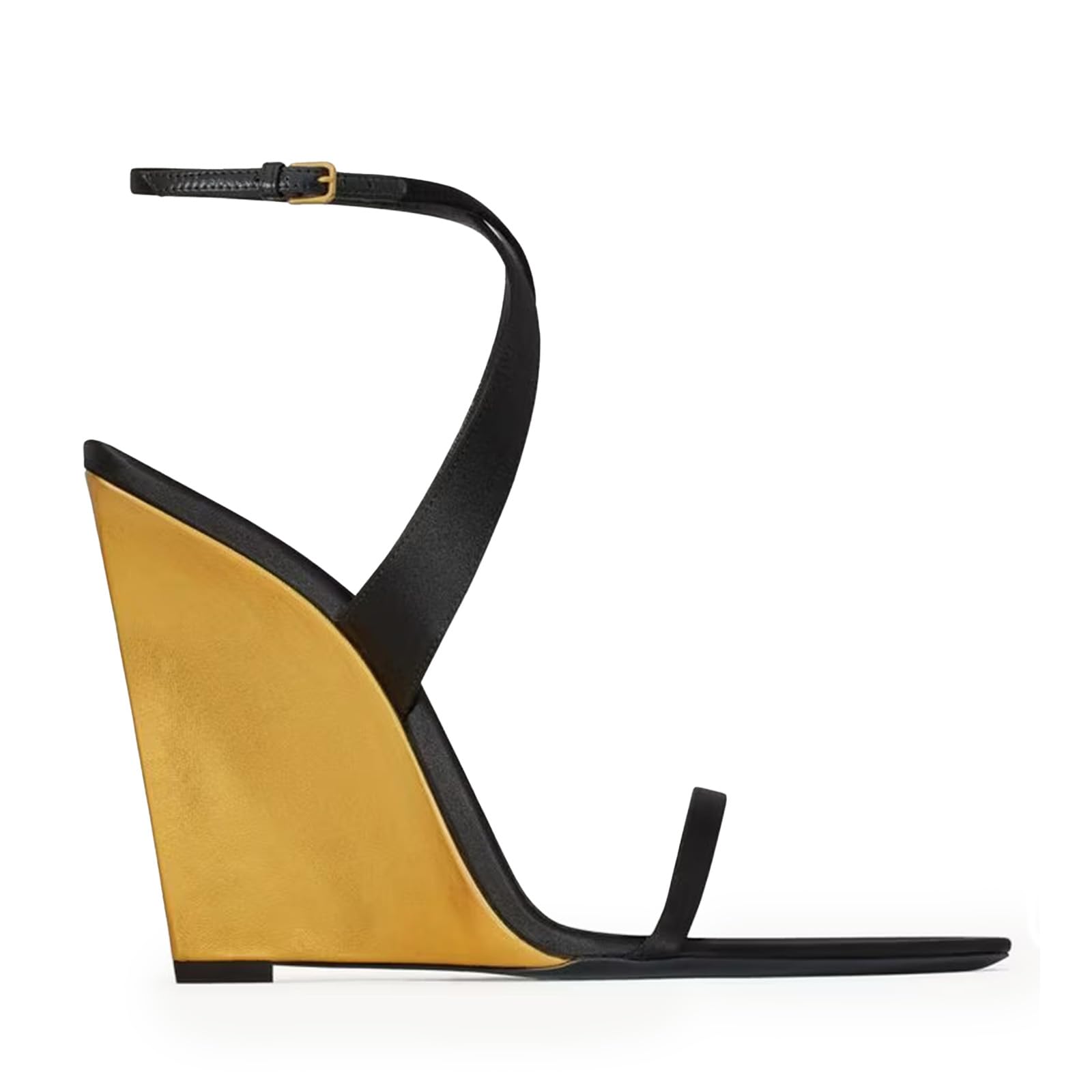CAGLGLZ Wedge Sandals for Women Strappy Wedge Heels Pointed Open Toe Heeled Sandals Buckle Ankle Strap Heels Sexy Wedding Dress Heels Shoes(black gold,9)