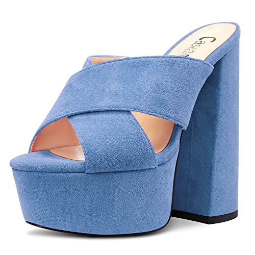 Castamere Women High Chunky Block Platform Heel Peep Open Toe Slip-on Sandals Casual Dress 5.9 Inches Heels Denim Blue