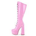 onlymakerheels Knee High Chunky Heels Platform High Heel Multiple Buckles Boots Pink