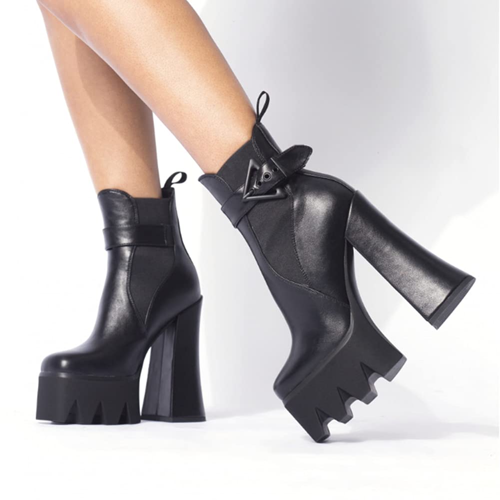 DETOGNI Women's Buckle Strap Thick Heel Platform Booties Ladies Elastic band High Heel Fashion Casual Ankle Boots