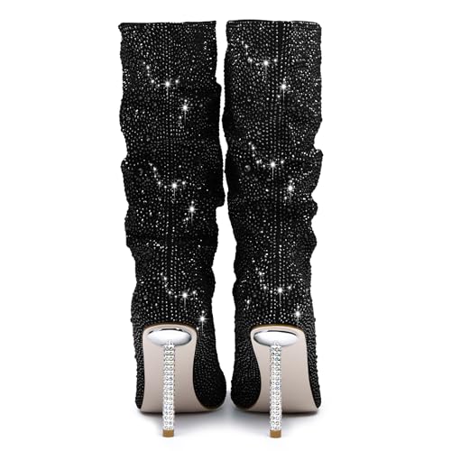 Driceic Women's Black Mid Calf Sparkly Rhinestone Stiletto Heel Western Wide Calf Short Cowboy Boots Sexy Pointed Toe Dress Party Boots