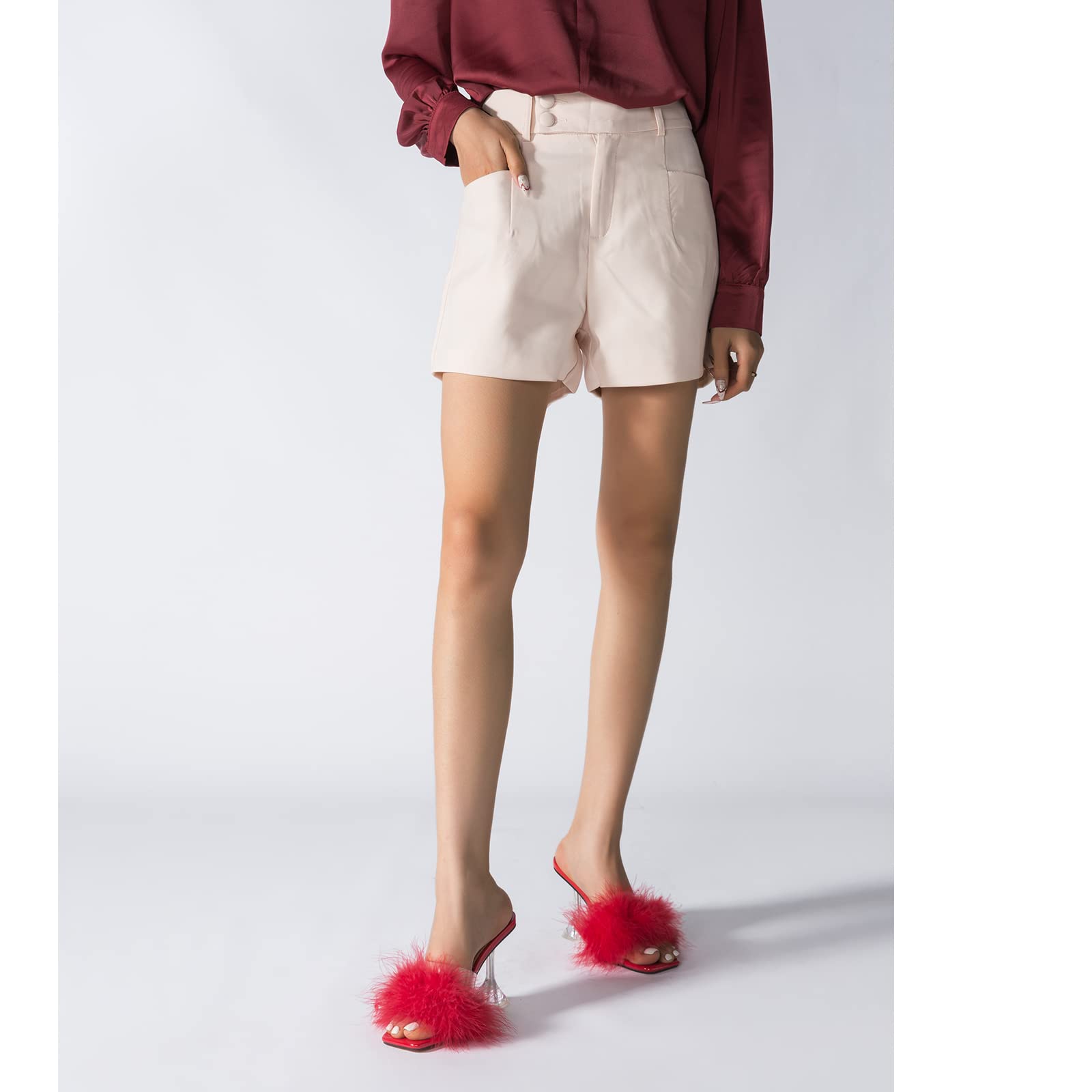 LIURUIJIA Feather High Heel Mules Sandals for Women Slip On Square Toe Clear Tapered Chunky Heels Fuzzy Fluffy Bridal Wedding Party Sexy Shoes Red