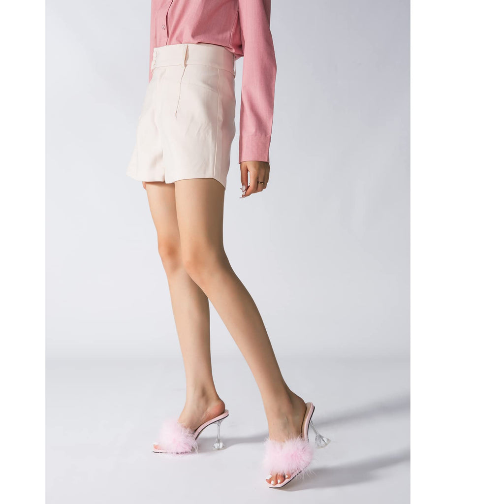 LIURUIJIA Feather High Heel Mules Sandals for Women Slip On Square Toe Clear Tapered Chunky Heels Fuzzy Fluffy Bridal Wedding Party Sexy Shoes Pink