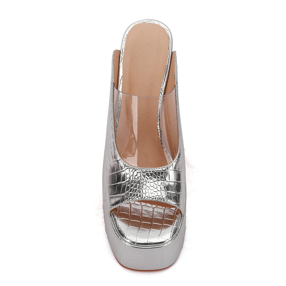 Makmeoyw Platform Heels Slippers Slip On Show Slingback Chunky Heels Sparkly Sandals Square Toe Mules Open Toe High Heels Slide-on Sandals Silver Size 39