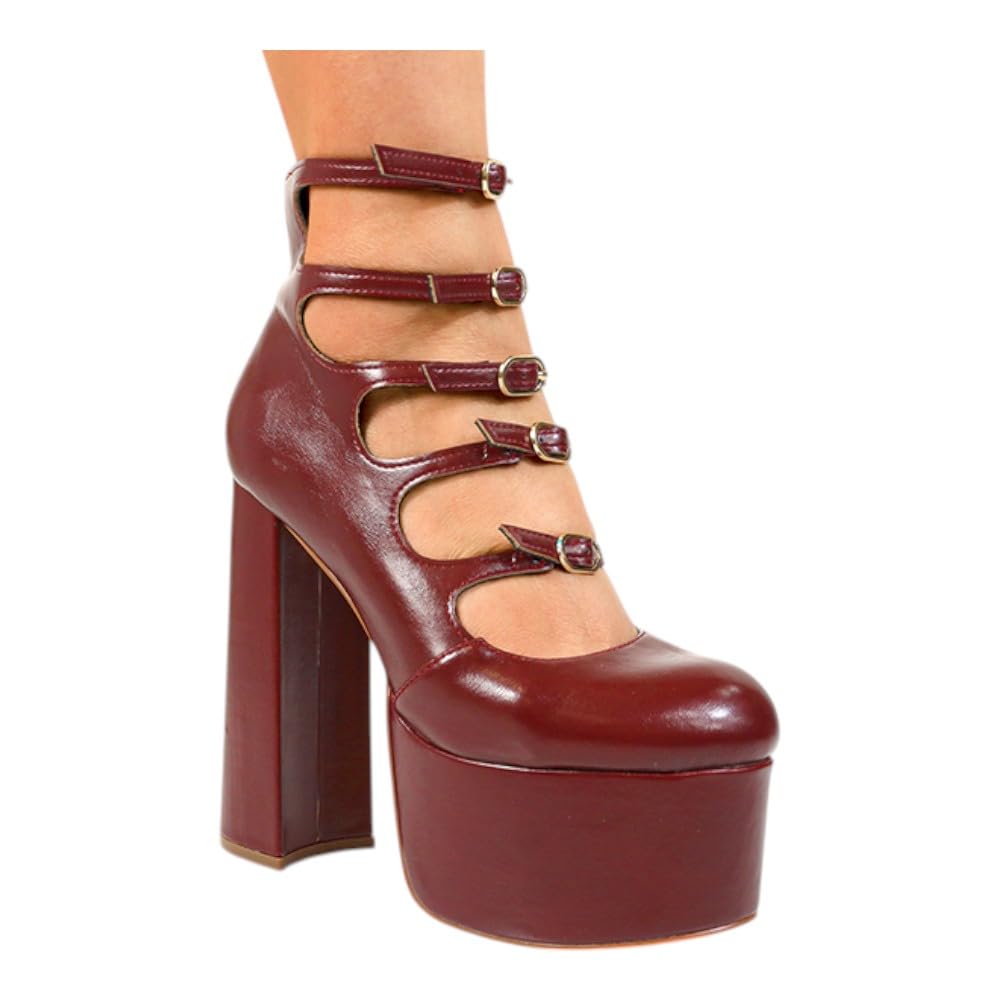 Liliana Women Chunky High Heel Platform Buckle Strappy Pumps Shoes Dorola-22 Burgundy 8