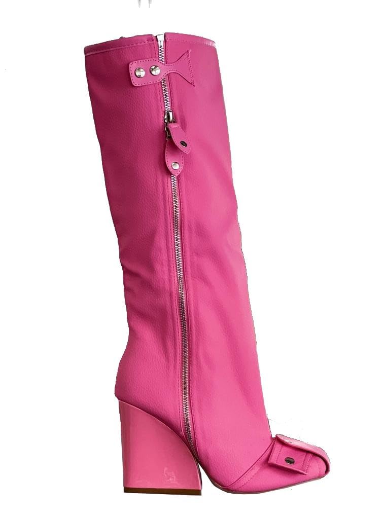 Lemonade Women's Buckle Detail Square Toe Wedge Heel Knee High Long Boot﻿ Senna Pink 7.5n
