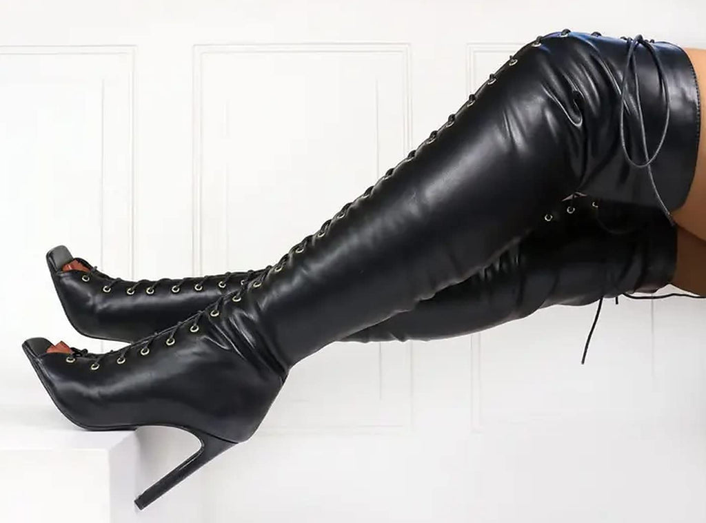 Liliana Women's Peep Toe Lace-Up Chunky Heel Over The Knee Boot Drip-1