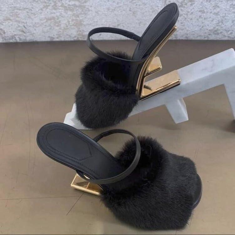 Azttoztto Women's Furry Slide Sandals High Heel Round Toe Designer Slippers Unique Geometric Heel Dressy Evening Shoes (black,4.5)