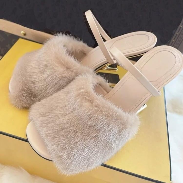 Azttoztto Women's Furry Slide Sandals High Heel Round Toe Designer Slippers Unique Geometric Heel Dressy Evening Shoes (apricot color,4.5)
