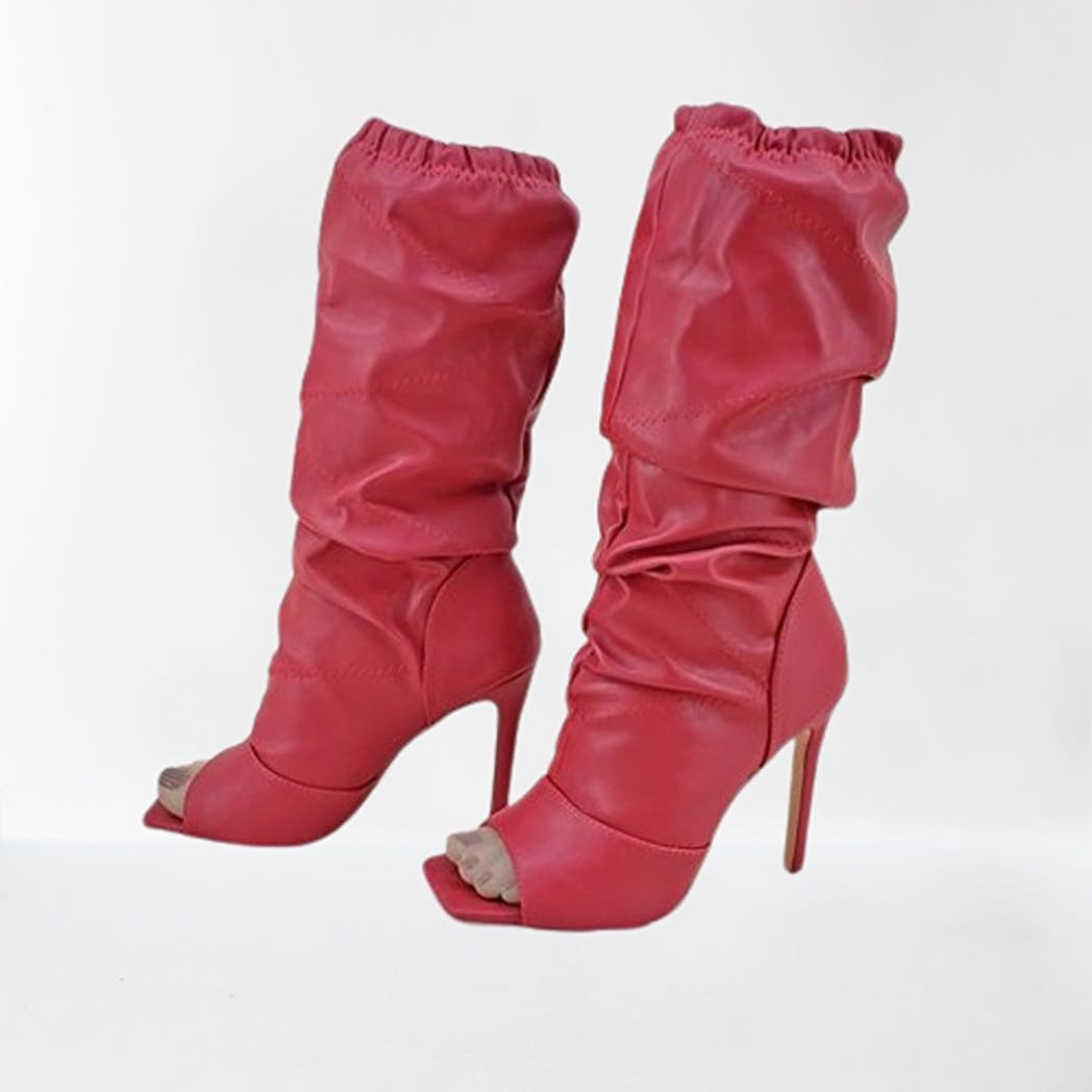 PAZZLE Women Peep Toe Knee High Boots Victoria-06 Red 11