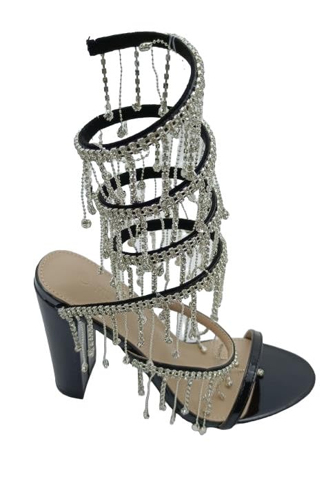 Wild Diva Women's Morris-605 Chandelier Embellished Rhinestone Spiral Coil Wrap Around Chunky Block Heels (Black PT, US Footwear Size System, Adult, Women, Numeric, Medium,