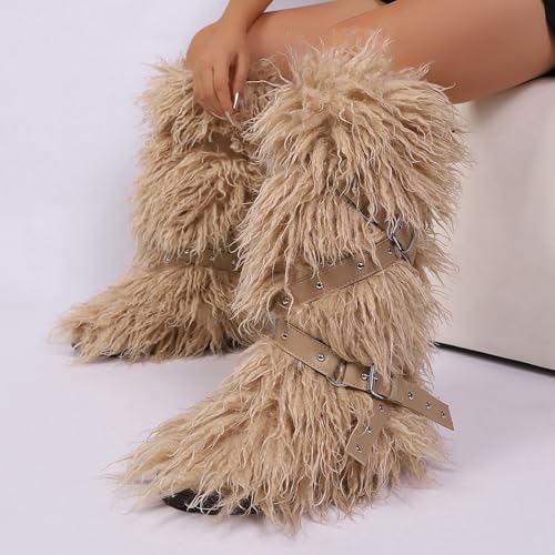 TVNGDLI Women Knee High Furry Faux Fur Boots Fuzzy Fluffy Round Toe Anti Slip Ankle Strap Rivet Flat Shoes Outdoor Christmas Fashion Party Gifts Boots