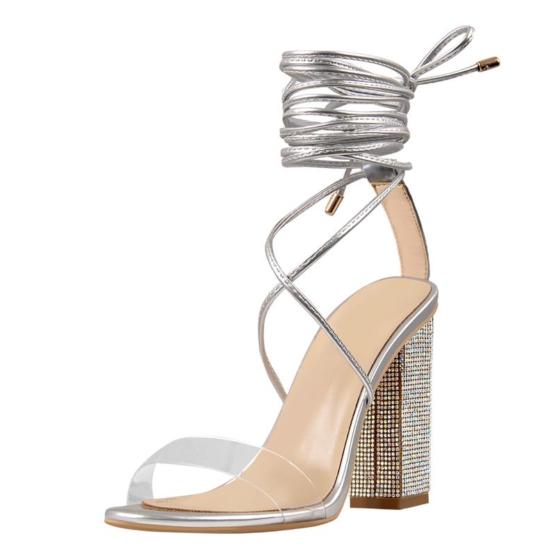 Richealnana Women's Rhinestones Lace Up Crisscross Stiletto Heel Strappy Sandals For Party Prom Silver US