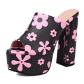 CoceMoce Gorgeous Thick Chunky Heel Slide Sandals for Women Black Pink Floral Peep Toe Platform Slip-on Backless High Heeled Mules Dressy Shoes Club Party Events Prom