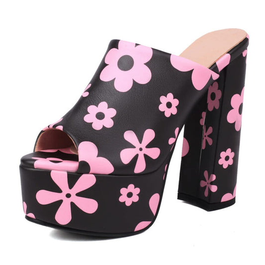 CoceMoce Gorgeous Thick Chunky Heel Slide Sandals for Women Black Pink Floral Peep Toe Platform Slip-on Backless High Heeled Mules Dressy Shoes Club Party Events Prom Size 9 US