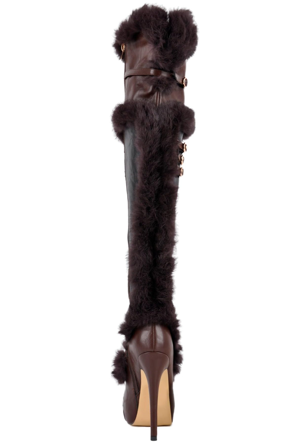 Rhineshell Women's Platform Thigh High Boots Round Closed Toe Studded Faux Fur High Heels Buckles Stilettos Side Zipper Long Boot Black Brown Size 15