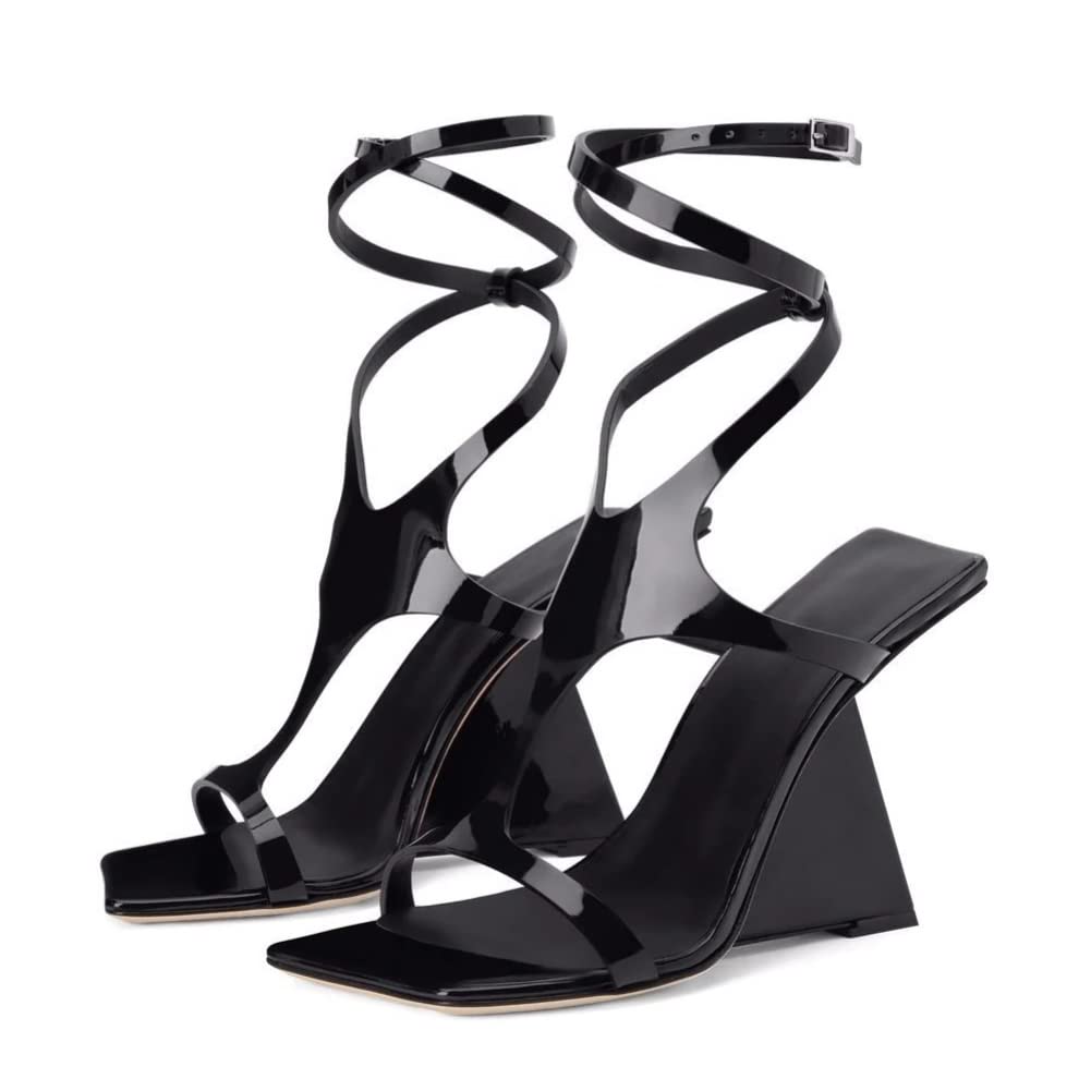 Kluolandi Women's Wedge Heeled Sandals Open Toe Criss-cross Strappy Sandals Heels Dress Shoes with Cut-out Design Black
