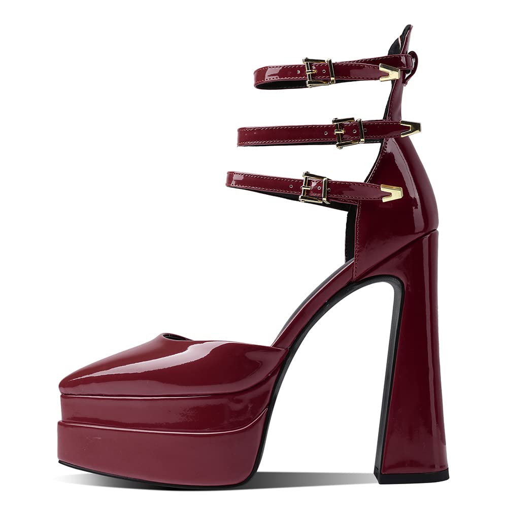 LIPIJIXI Womens Platform Heels Chunky High Block Heels Pointed Toe Pumps Ankle Strap Buckles Dress Sandals Wedge Heel Fashion Pumps Patent Size 39