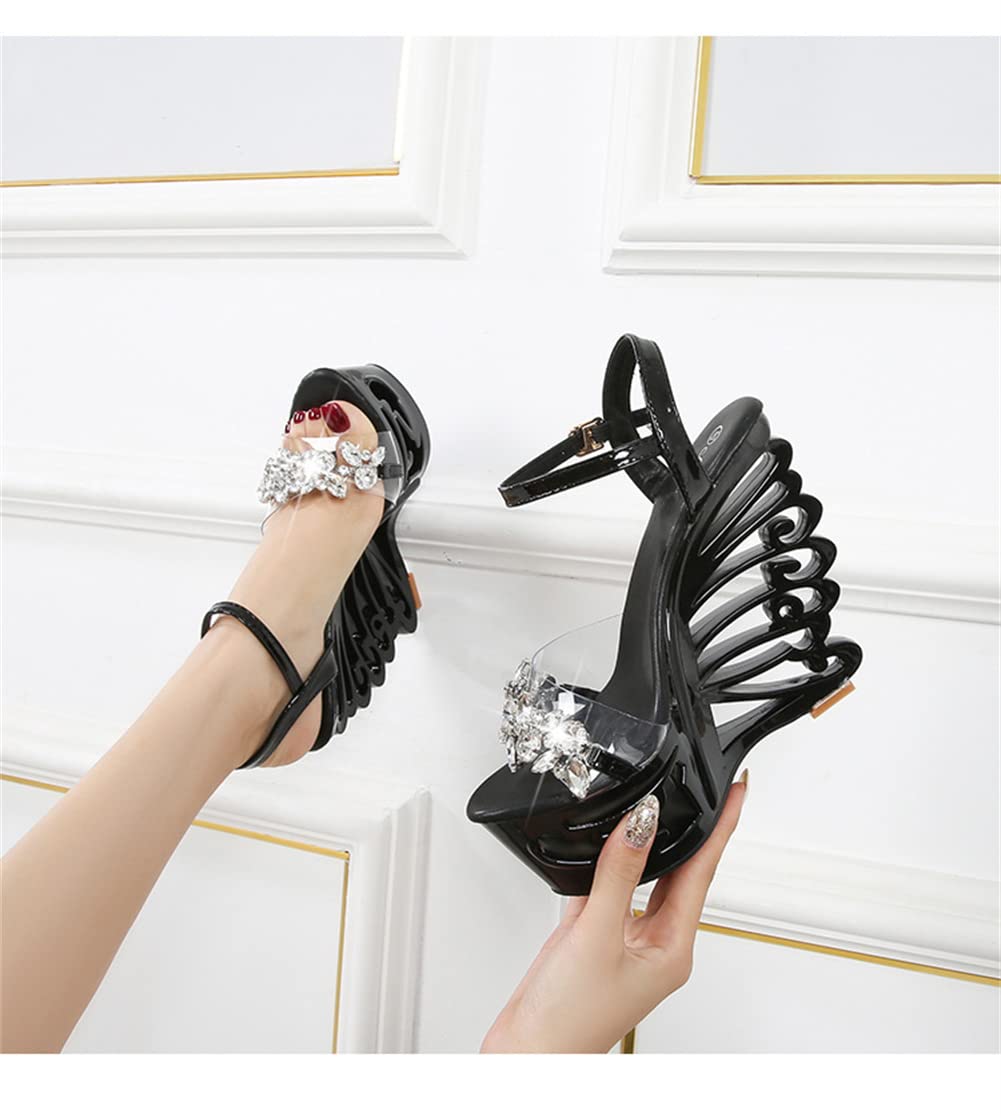 MissHeel Platform Butterfly Black Heels for Women Wedge Heeled Sandals 6 inch Sexy Open Toe Ankle Strap Dancing Heels Size 9