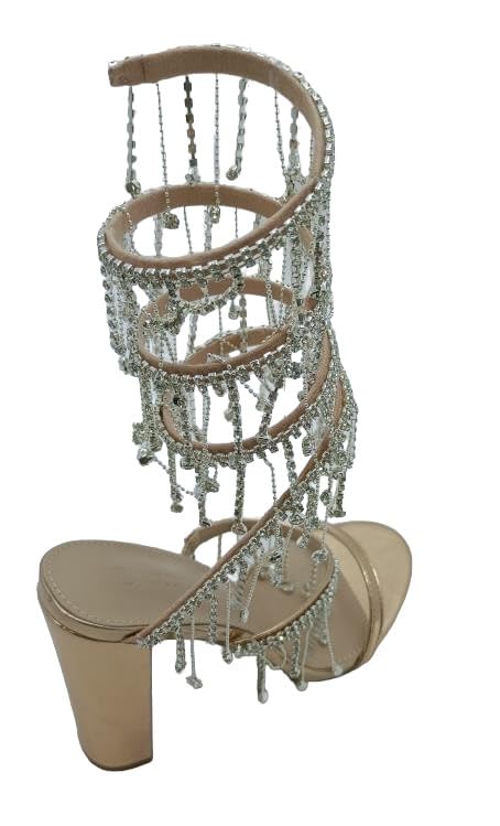 Wild Diva Women's Morris-605 Chandelier Embellished Rhinestone Spiral Coil Wrap Around Chunky Block Heels (Rose Gold PU, US Footwear Size System, Adult, Women, Numeric, Medium