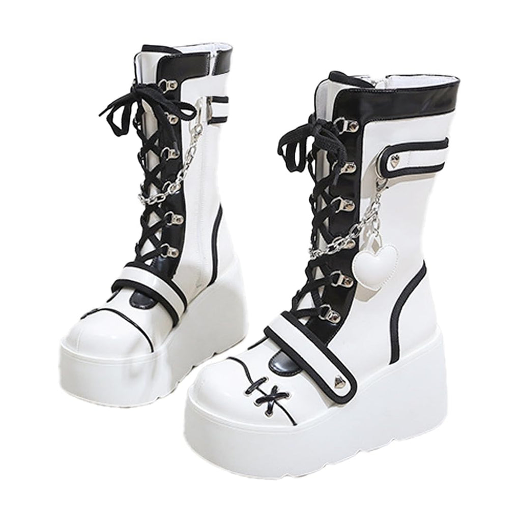 XYKHUI Goth Platform Buckle Boots for Women's Chunky High Heel Lace Up Punk Motorcycle Combat Boots with Chain White