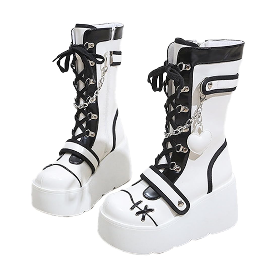 XYKHUI Goth Platform Buckle Boots for Women's Chunky High Heel Lace Up Punk Motorcycle Combat Boots with Chain White