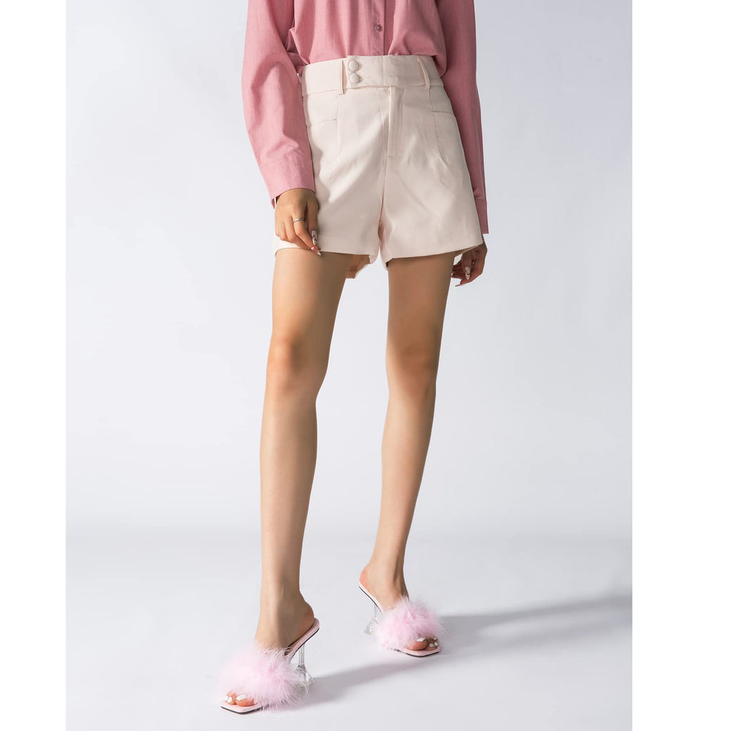 LIURUIJIA Feather High Heel Mules Sandals for Women Slip On Square Toe Clear Tapered Chunky Heels Fuzzy Fluffy Bridal Wedding Party Sexy Shoes Pink