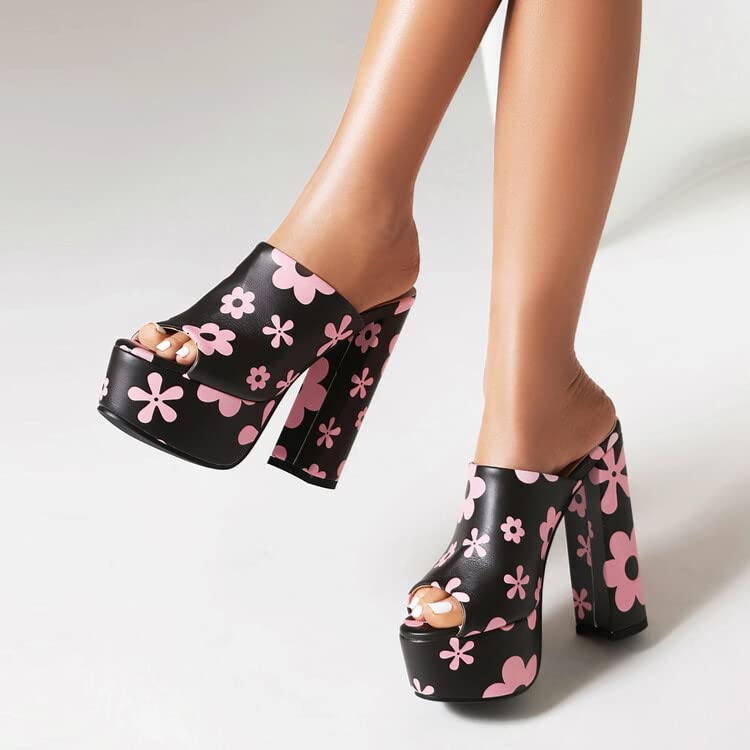 CoceMoce Gorgeous Thick Chunky Heel Slide Sandals for Women Black Pink Floral Peep Toe Platform Slip-on Backless High Heeled Mules Dressy Shoes Club Party Events Prom Size 9 US