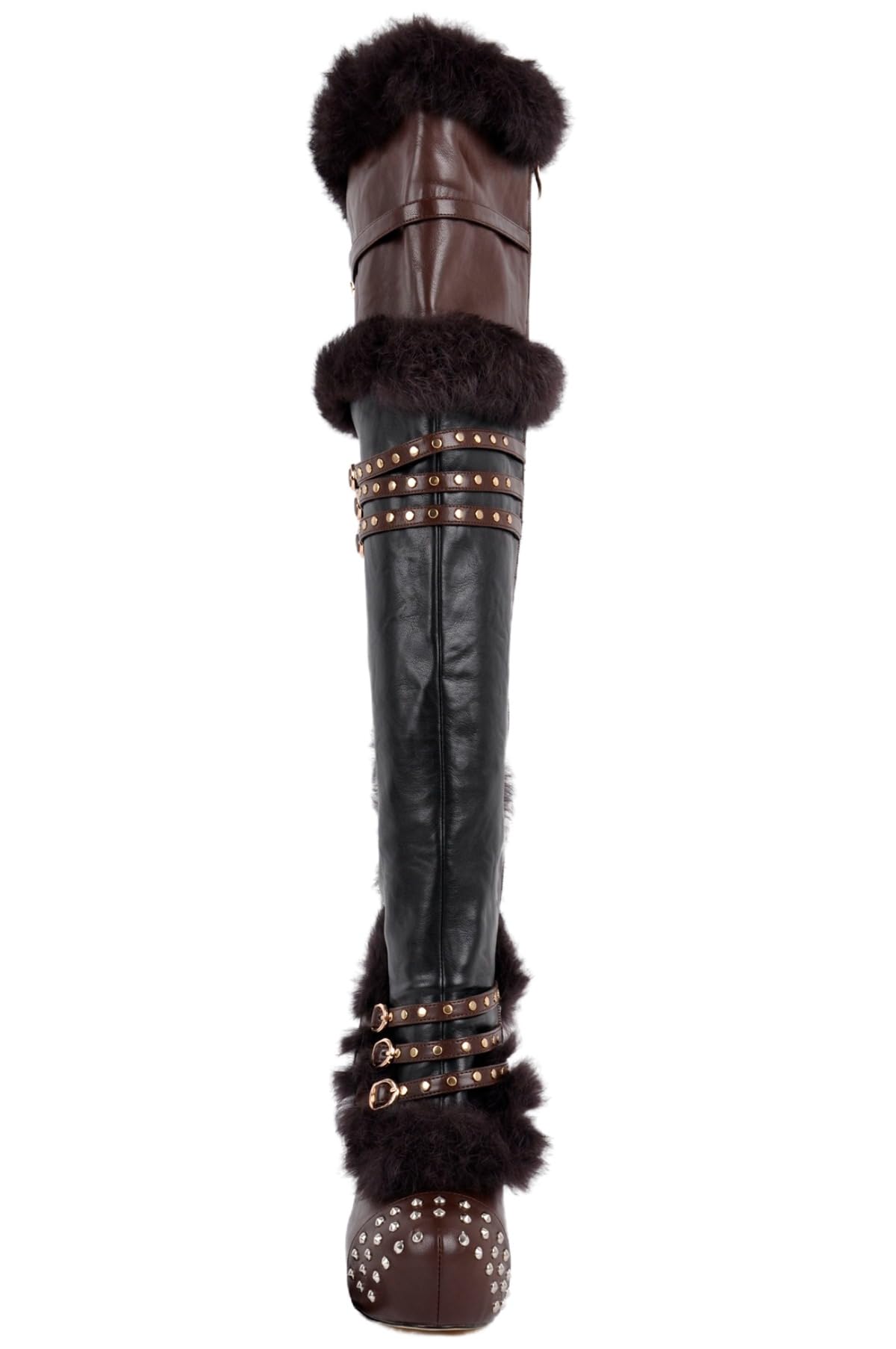 Rhineshell Women's Platform Thigh High Boots Round Closed Toe Studded Faux Fur High Heels Buckles Stilettos Side Zipper Long Boot Black Brown Size 15