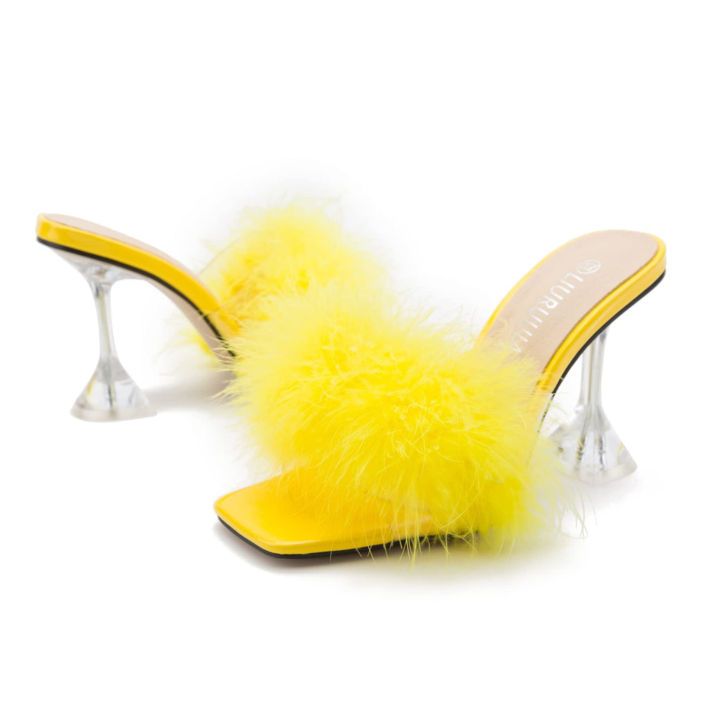 LIURUIJIA Women's Square Toe Feathers High Heels Fur Mules Sandals Fuzzy Fluffy Wedding Bridal Party Dress Shoes Yellow