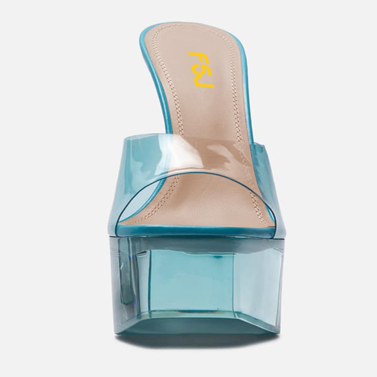 FSJ Women Slip On Platform Heeled Sandals Peep Open Toe Chunky Block High Heels Mules Backless Summer Dress Slide Sandals Blue Clear
