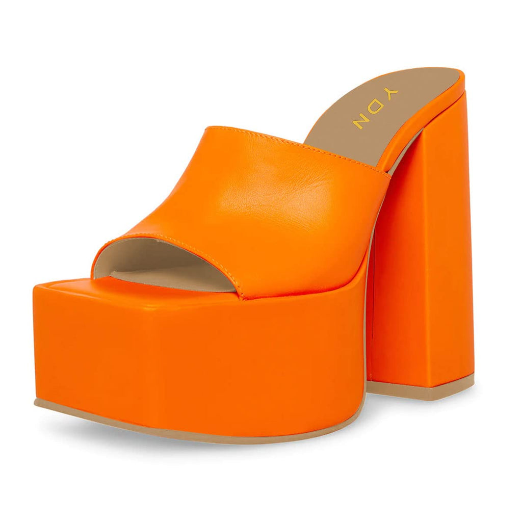 YDN Women Platform Mules Square Open Toe Slippers Slip on Clogs Chunky High Heeled Sandals Casual Beach Outfit Shoes orange