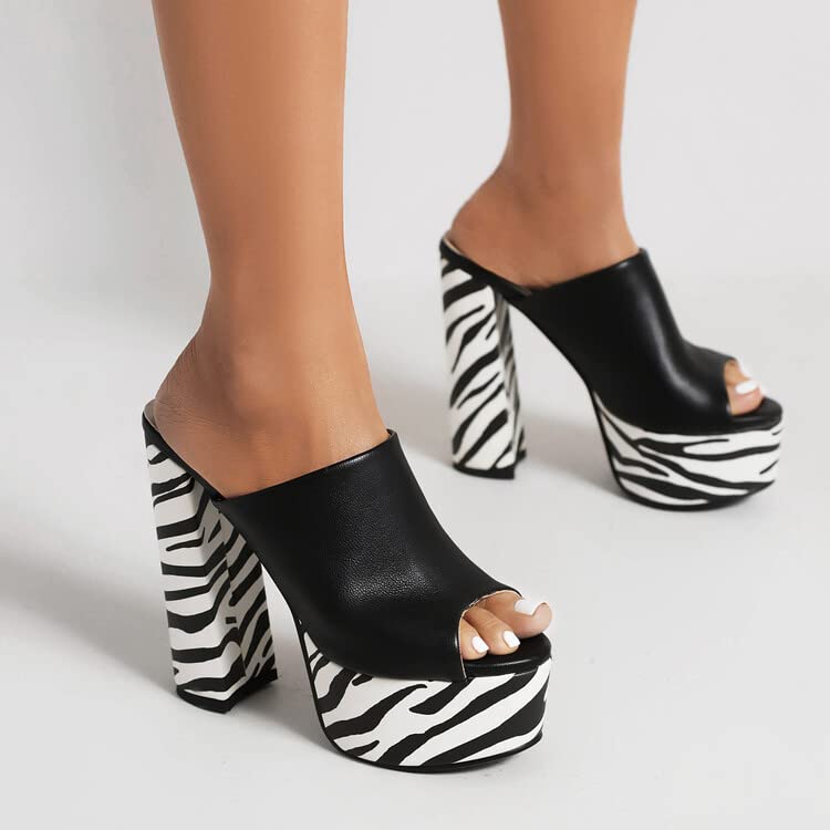 CoceMoce Gorgeous Thick Chunky Heel Slide Sandals for Women Black Zebra Peep Toe Platform Slip-on Backless High Heeled Mules Dressy Shoes Club Party Events Prom Size 10 US