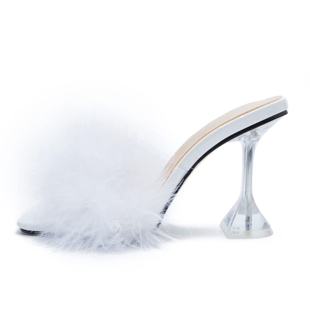 LIURUIJIA Feather High Heel Mules Sandals for Women Slip On Square Toe Clear Tapered Chunky Heels Fuzzy Fluffy Bridal Wedding Party Sexy Shoes White