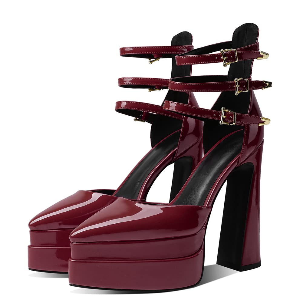 LIPIJIXI Womens Platform Heels Chunky High Block Heels Pointed Toe Pumps Ankle Strap Buckles Dress Sandals Wedge Heel Fashion Pumps Patent Size 39
