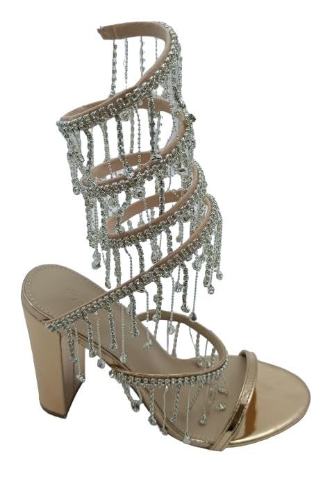 Wild Diva Women's Morris-605 Chandelier Embellished Rhinestone Spiral Coil Wrap Around Chunky Block Heels (Rose Gold PU, US Footwear Size System, Adult, Women, Numeric, Medium