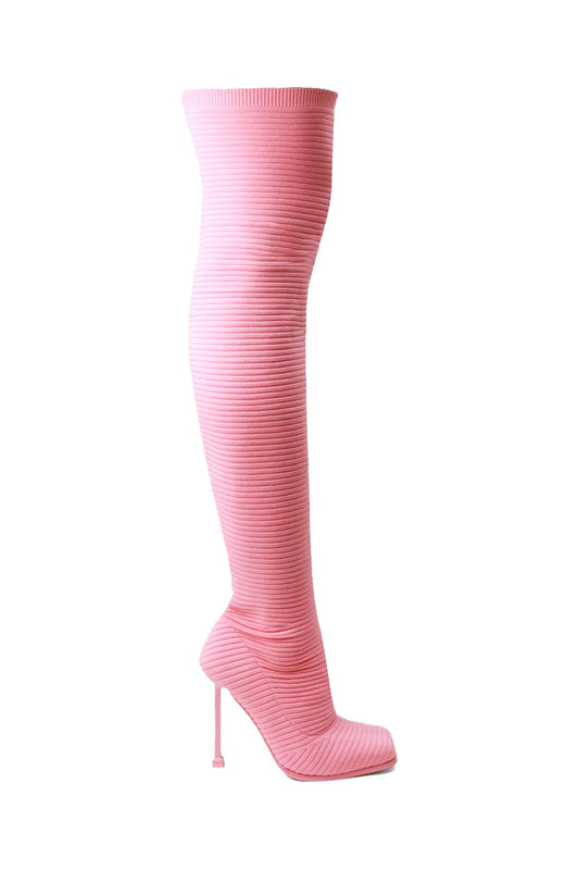 Lemonade Women's Over The Knee Heels Boots High Heel Stretch Knit Pointed To Thigh Long Boots -That Girl Pink 11