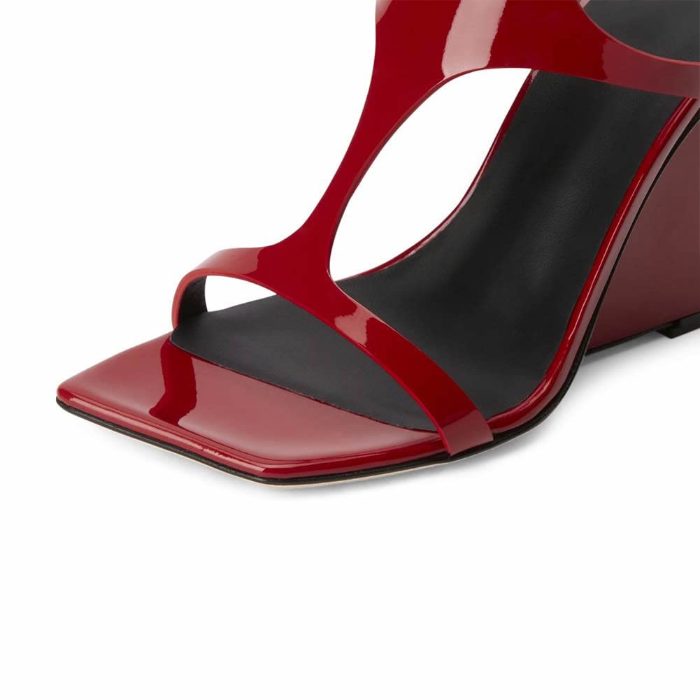 Kluolandi Women's Wedge Heeled Sandals Open Toe Criss-cross Strappy Sandals Heels Dress Shoes with Cut-out Design Red