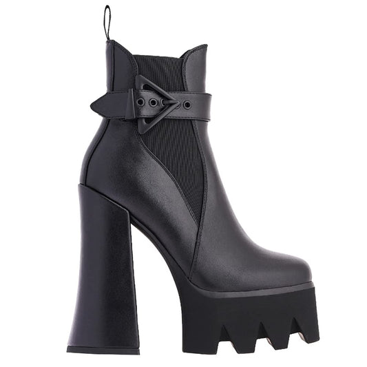 DETOGNI Women's Buckle Strap Thick Heel Platform Booties Ladies Elastic band High Heel Fashion Casual Ankle Boots(Black US8)