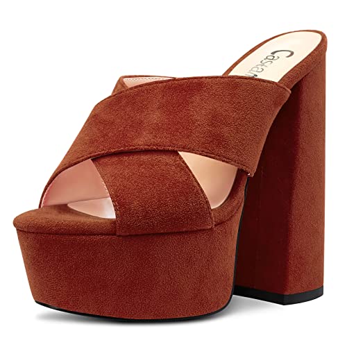 Castamere Women High Chunky Block Platform Heel Peep Open Toe Slip-on Sandals Casual Dress 5.9 Inches Heels Dark Brown