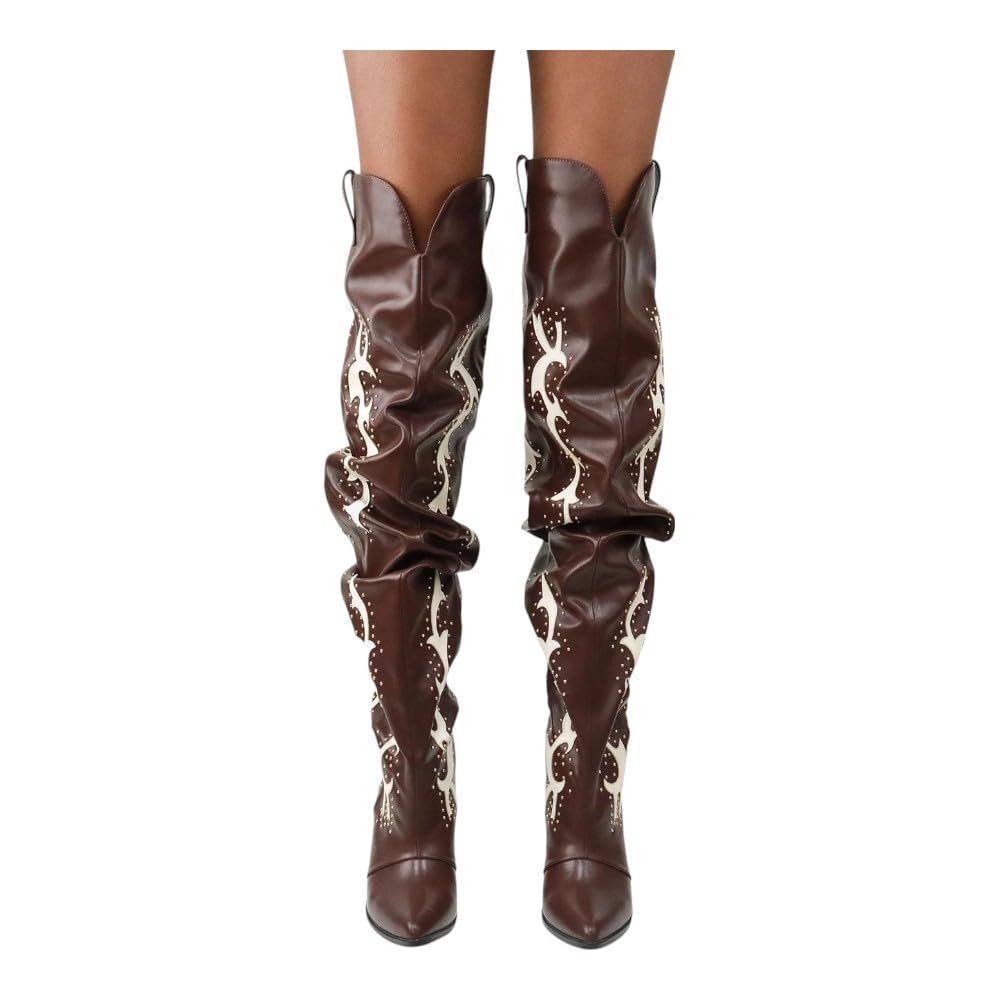 LEMONADE Women Over the Knee Thigh High Cowboy Boots, Chunky Block Heel Studded Slouch Cowgirl Western Boots Sending West Brown 9
