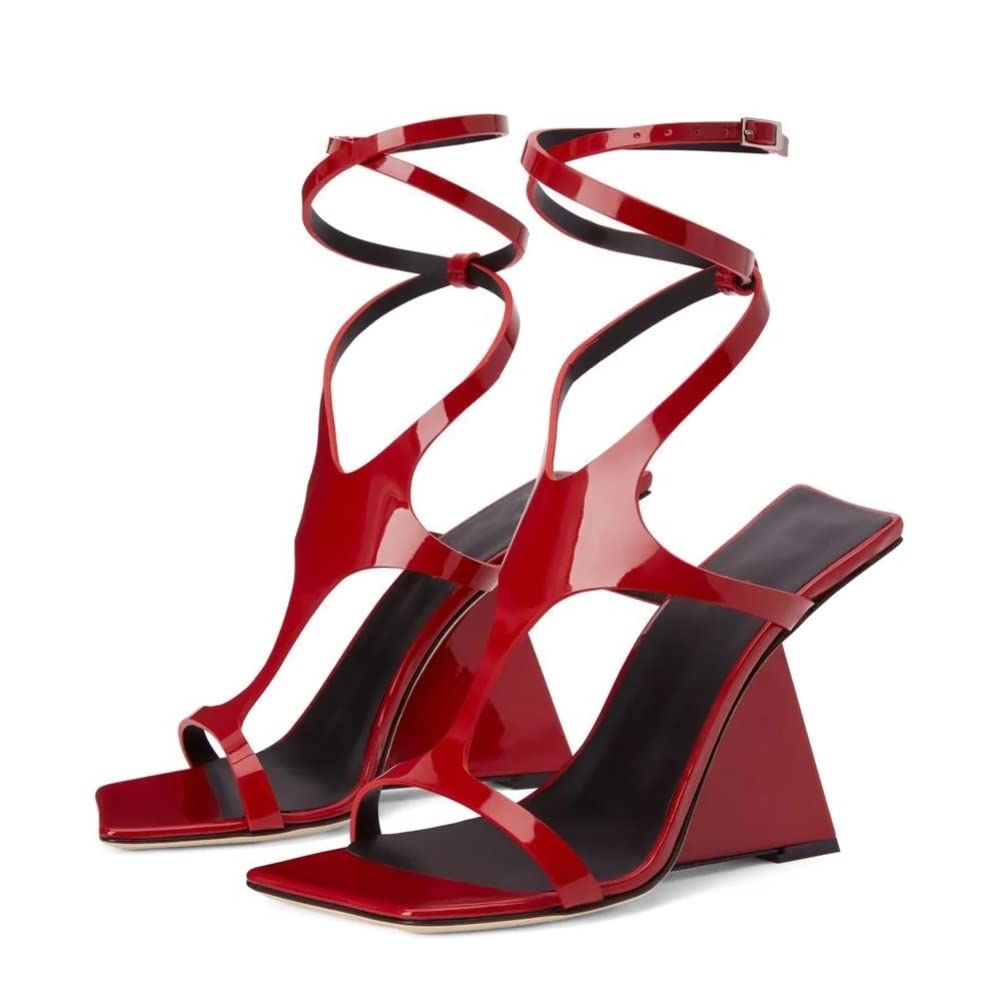 Kluolandi Women's Wedge Heeled Sandals Open Toe Criss-cross Strappy Sandals Heels Dress Shoes with Cut-out Design Red