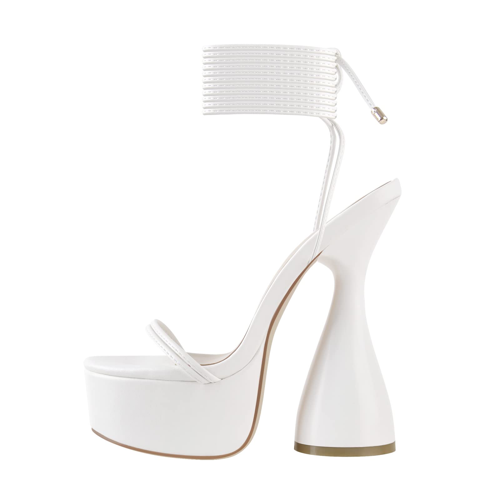 LISHAN Women's Platform High Heels Lace-up Chunky Heeled Sandals PU Ankle Strappy Gladiator Anti-slip Rubber Sole Block Heels Solid Color Sandals Dress Prom Dancing Shoes White Size 15