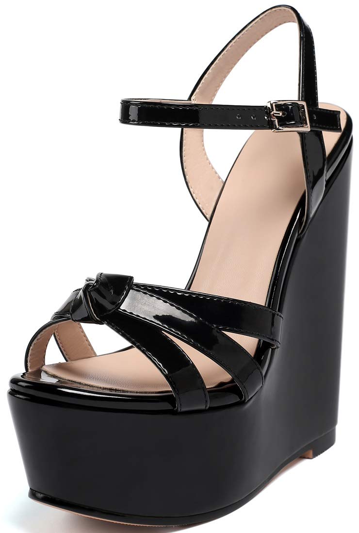 YODEKS Womens Platform Wedges High Heels Sandals Ankle Strip Open Toe Classic Summer Black Sandals