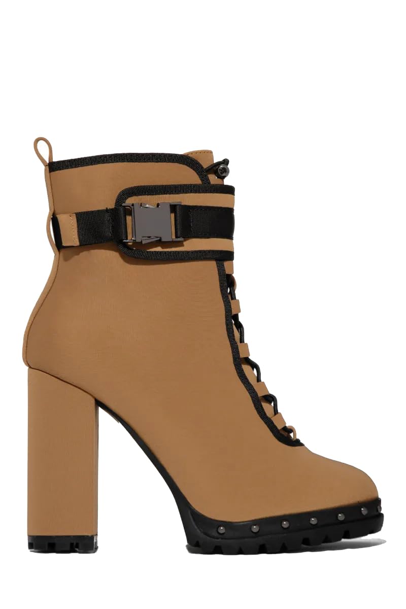 Pazzle Stylish 18 Womens Waterproof Chunky Heel Platform Drawstring Lug Sole Snow Boots Tan