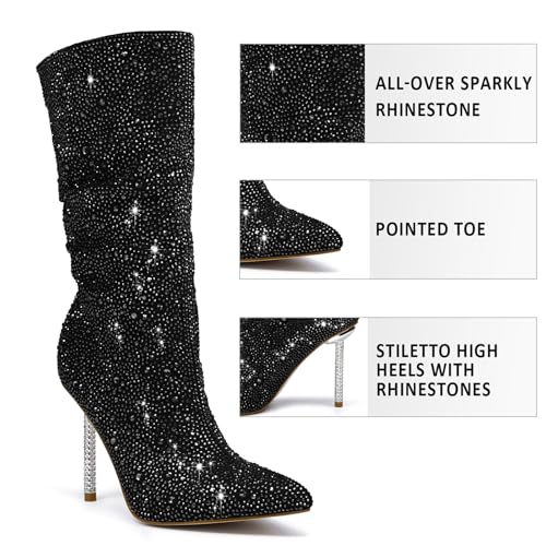 Driceic Women's Black Mid Calf Sparkly Rhinestone Stiletto Heel Western Wide Calf Short Cowboy Boots Sexy Pointed Toe Dress Party Boots