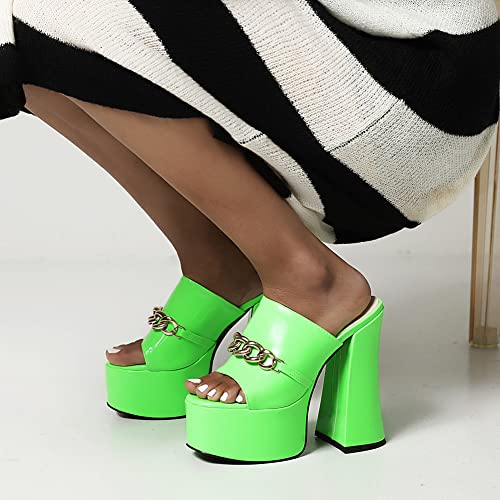 Makmeoyw Platform Heels Slippers Slip On Show Slingback Chunky Heels Sparkly Sandals Square Toe Mules Open Toe High Heels Slide-on Sandals Green