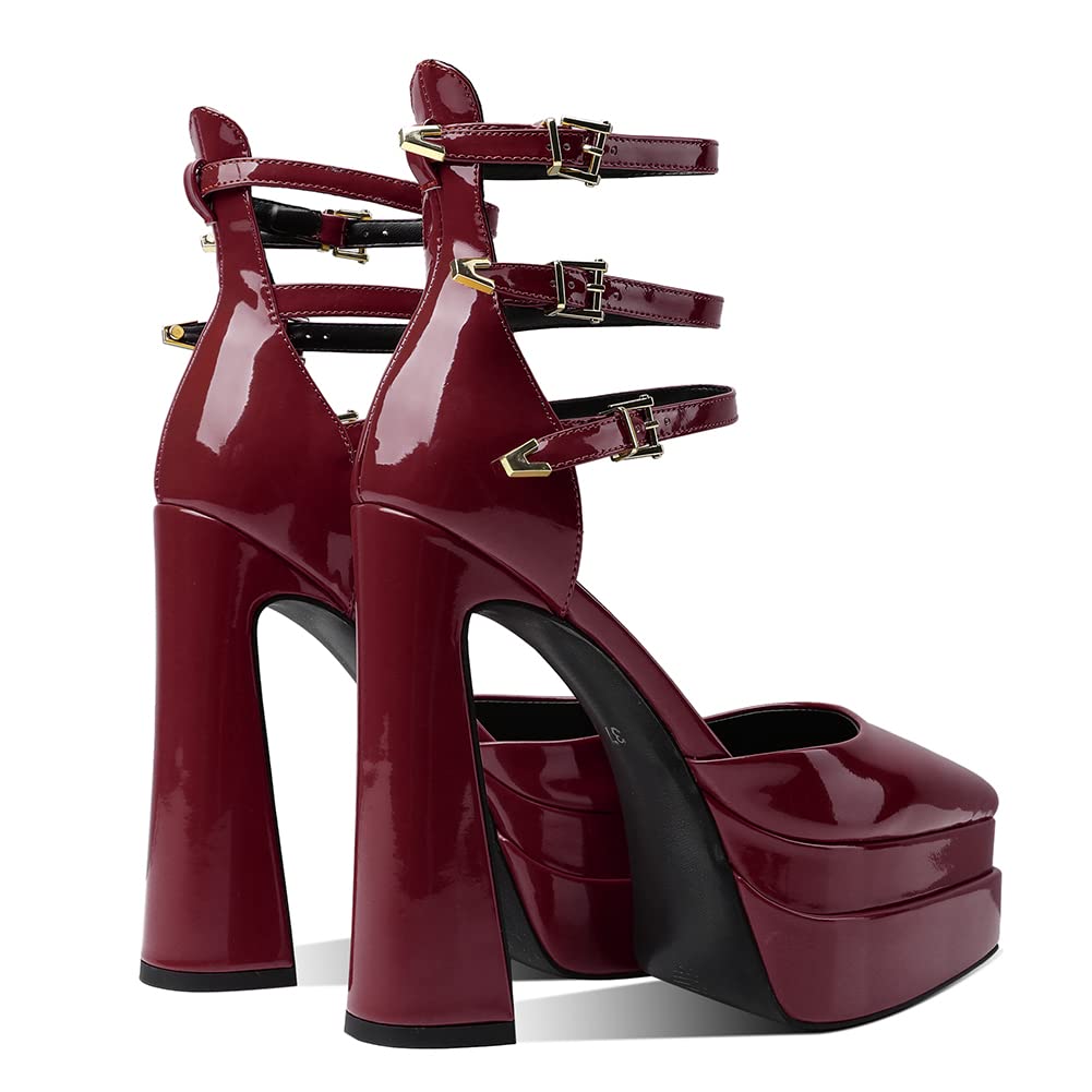 LIPIJIXI Womens Platform Heels Chunky High Block Heels Pointed Toe Pumps Ankle Strap Buckles Dress Sandals Wedge Heel Fashion Pumps Patent Size 39