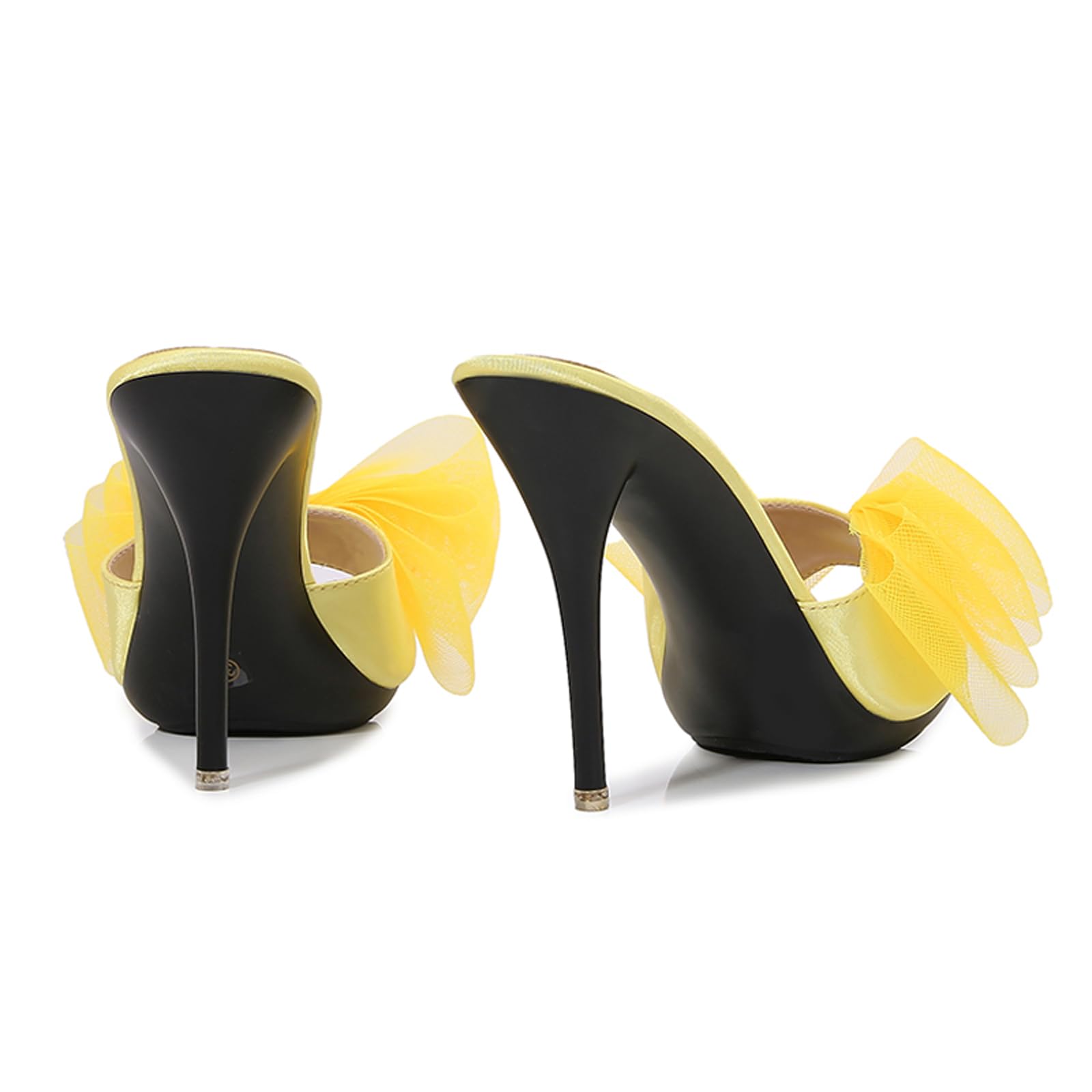 XHOGNLS Women'S Sexy Mesh Bow Stiletto Slides Sandals Fashion Round Open Toe Tulle Bow Slip On High Heel Prom Mule Sandals For Party Wedding (5,yellow)