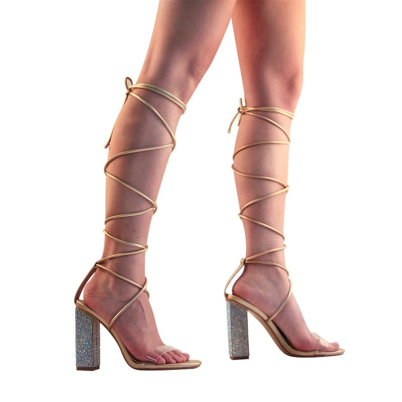 Richealnana Women's Rhinestones Lace Up Crisscross Stiletto Heel Strappy Sandals For Party Prom Gold US 10